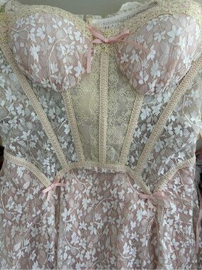 Lacemade Elegant Pink Lace Midi Dress with Cream Trim
